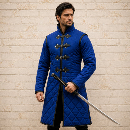 Medieval Long Gambeson with Black Leather Trim | Renaissance Faire, LARP & Halloween Costume