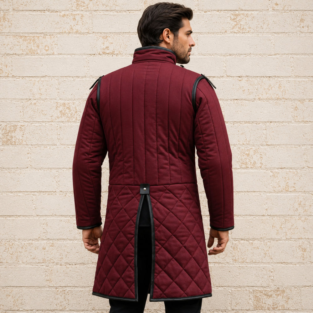 Medieval Long Gambeson with Black Leather Trim | Renaissance Faire, LARP & Halloween Costume