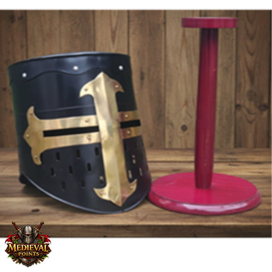 Black Knight Helmet with Wooden Stand – Collectible Armor, Museum Display,