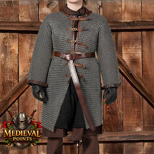 9 mm Chainmail Hauberk : Medieval Viking front open Shirt, Full Sleeve for Halloween