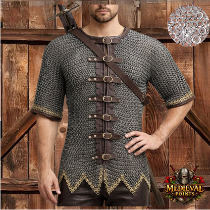 Stainless steel Chain-mail Hauberk: 9 mm Flat Riveted Rings , Open Leather Zig zag Brass Row