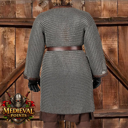 9 mm Chainmail Hauberk : Medieval Viking front open Shirt, Full Sleeve for Halloween