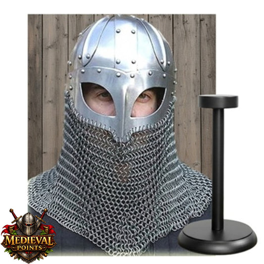Viking Chain-mail Helmet – Norse Medieval Armor for LARP : Wooden Stand