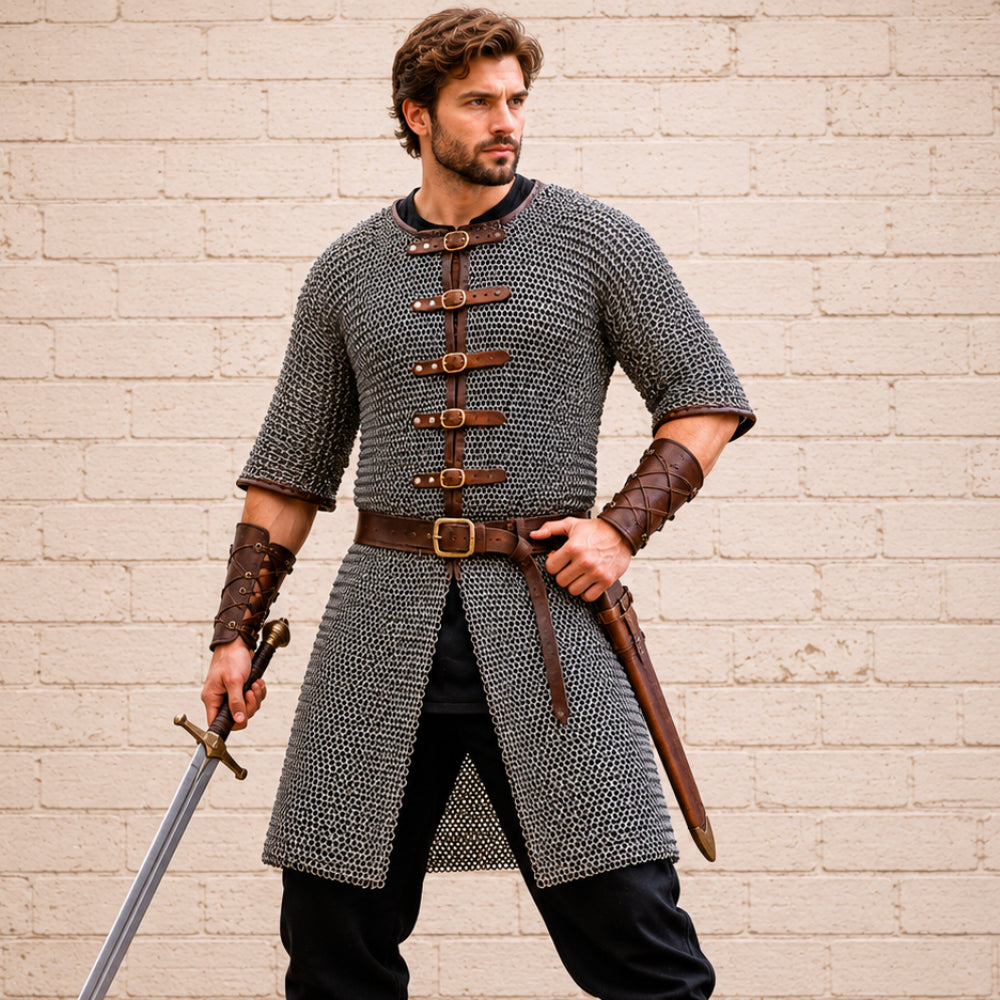 8MM Mild Steel Flat Riveted Chainmail Hauberk – Half Sleeve Front Open Medieval Shirt for Ren Faire & Halloween Costume