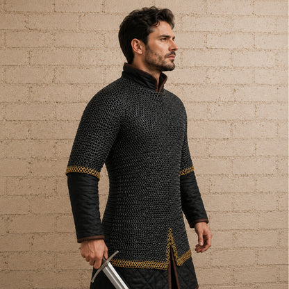 9mm Flat Riveted Chainmail Shirt with Double Brass Trim – Solid Ring Mail Armor