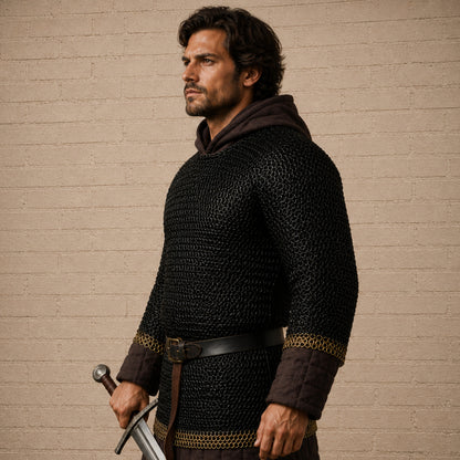 9mm Riveted Chainmail Haubergeon – Flat Ring Viking Armor with Brass Trim