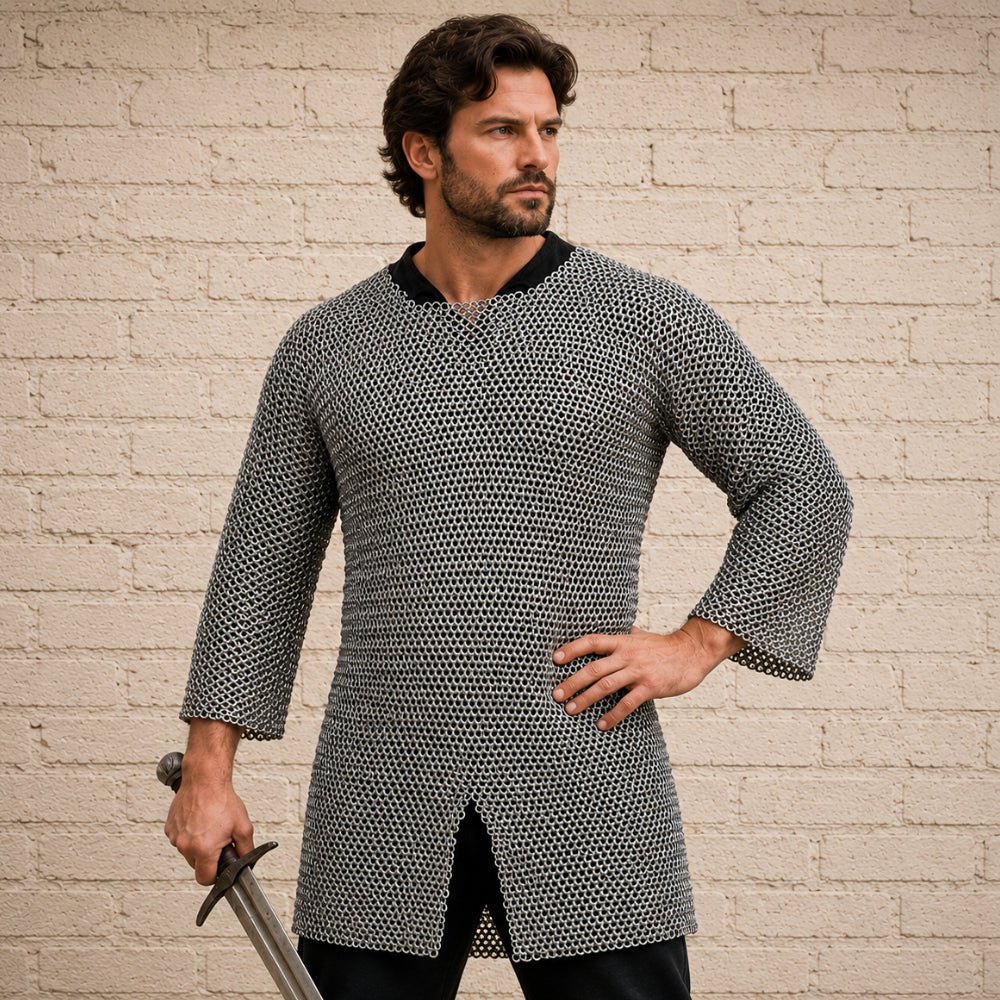 Aluminium Chainmail Shirt – 10MM Flat Riveted Hauberk with Solid Rings for Medieval Armor, LARP & Halloween Costume