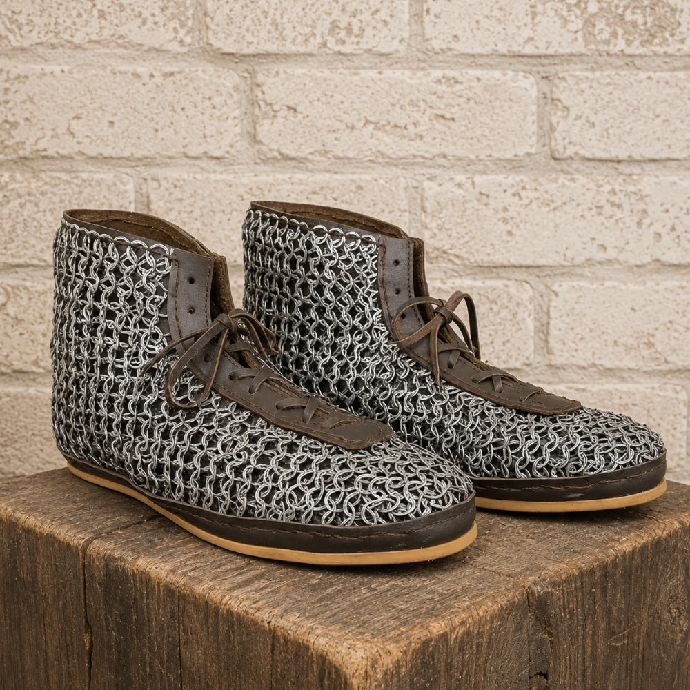 Riveted Chainmail Boots – 9mm Flat Ring Maille Footwear for LARP, Renaissance & Warrior Costumes