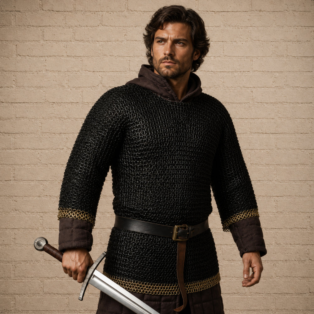 9mm Riveted Chainmail Haubergeon – Flat Ring Viking Armor with Brass Trim