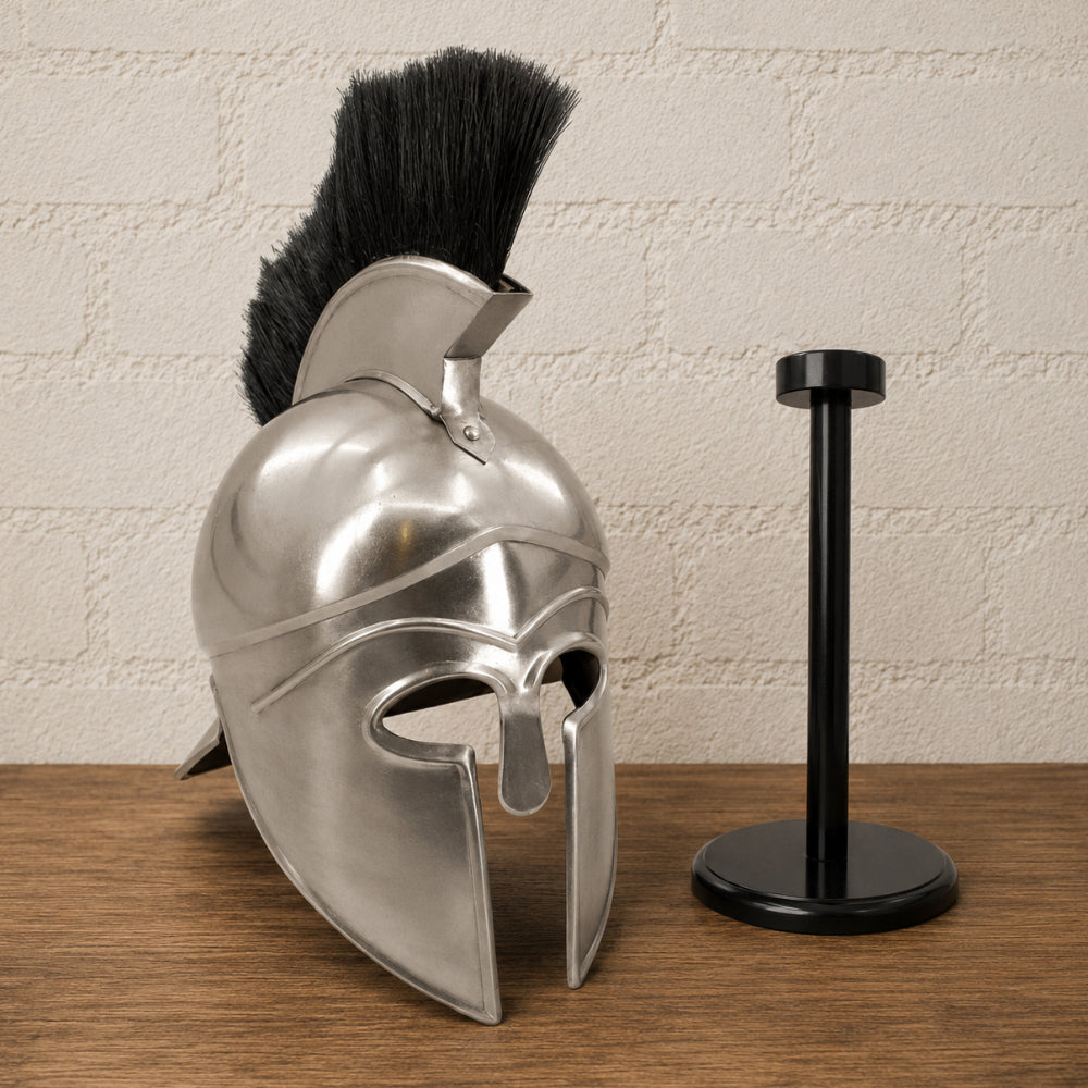 Greek Warrior Helmet with Black Plume & Wooden Display Stand