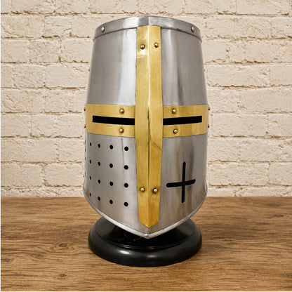 Medieval Templar Crusader Helmet with Complimentary Wooden Display Stand