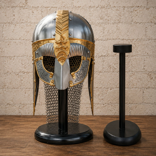 Viking Gjermundbu Helmet with Wooden Display Stand – Authentic Norse Warrior Armor Replica, Medieval Knight Collectible