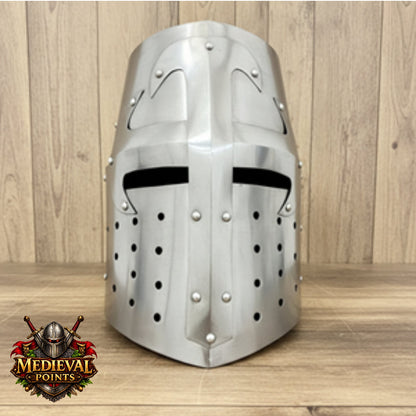 Crusader Helmet with wooden stand – Knights Templar Practice Armor for Reenactment & Cosplay