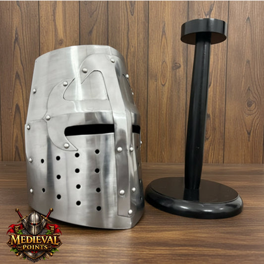 Crusader Helmet with wooden stand – Knights Templar Practice Armor for Reenactment & Cosplay