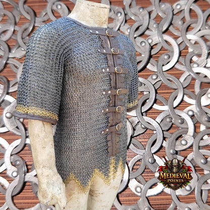 Stainless steel Chain-mail Hauberk: 9 mm Flat Riveted Rings , Open Leather Zig zag Brass Row