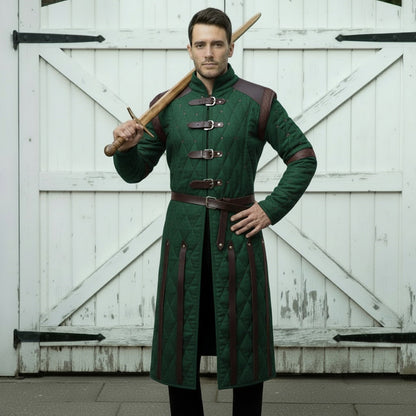 Medieval Gambeson Costume With Brown Leather Trim: Renfaire Larp for Halloween Costume