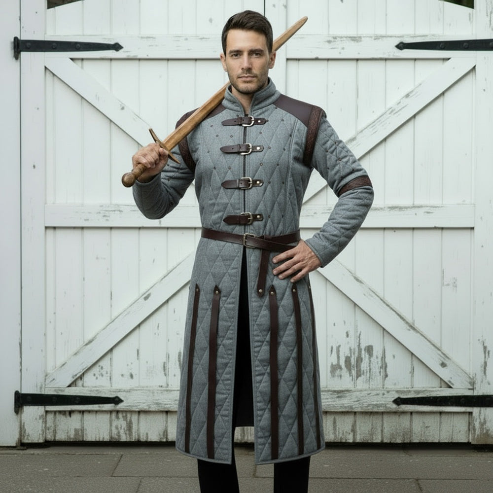 Medieval Gambeson Costume With Brown Leather Trim: Renfaire Larp for Halloween Costume