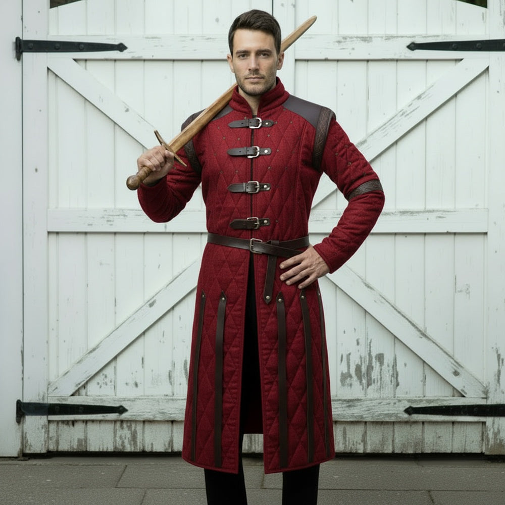 Medieval Gambeson Costume With Brown Leather Trim: Renfaire Larp for Halloween Costume