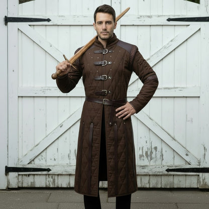 Medieval Gambeson Costume With Brown Leather Trim: Renfaire Larp for Halloween Costume