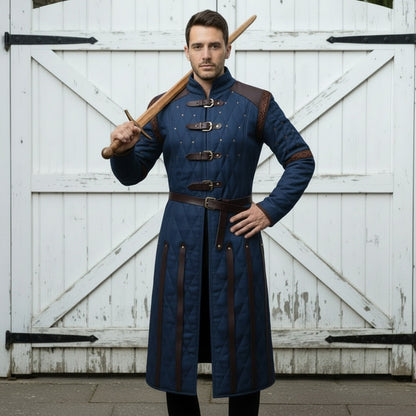 Medieval Gambeson Costume With Brown Leather Trim: Renfaire Larp for Halloween Costume