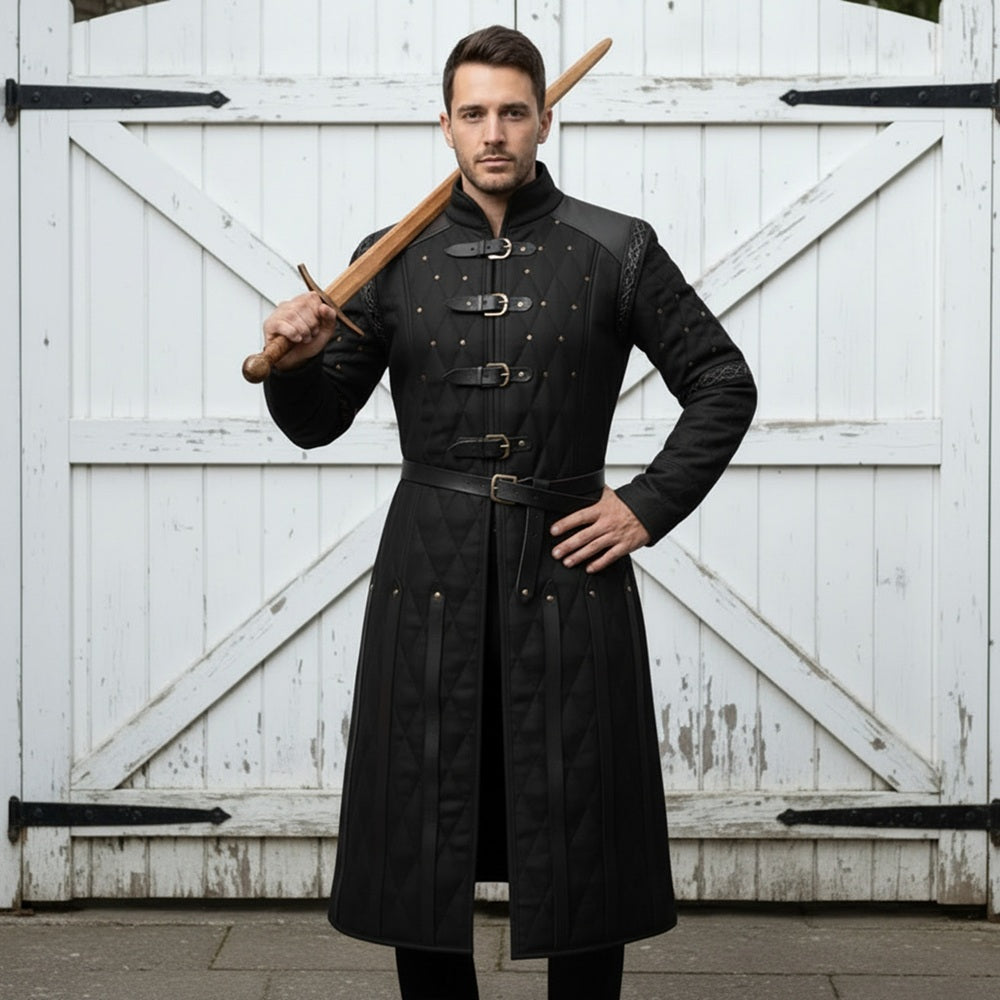 Medieval Gambeson Costume With Brown Leather Trim: Renfaire Larp for Halloween Costume