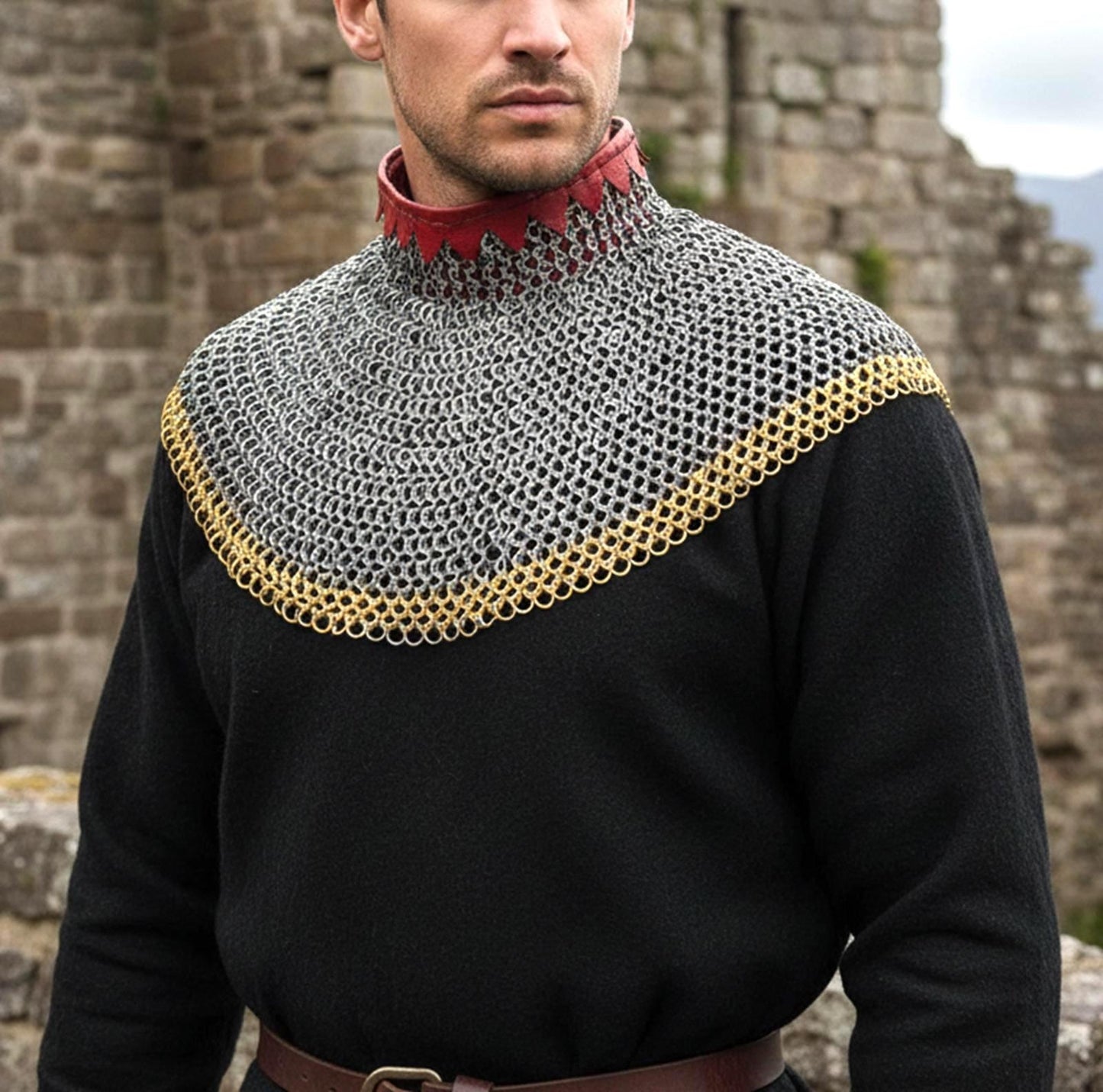 Chainmail Neck Collar Armor – Flat Riveted & Washer with Brass Rows