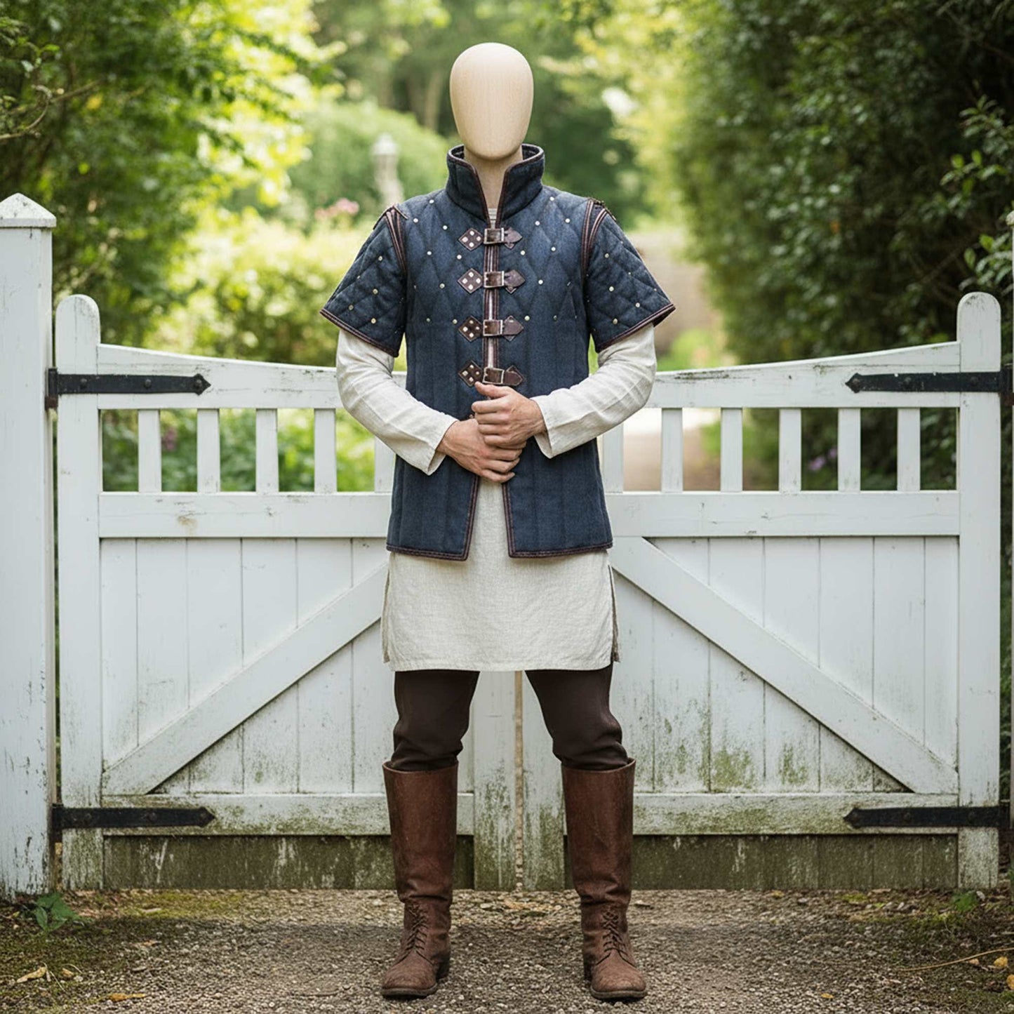 Quilted Gambeson with Brown Leather Trim: Renfaire Gabonese