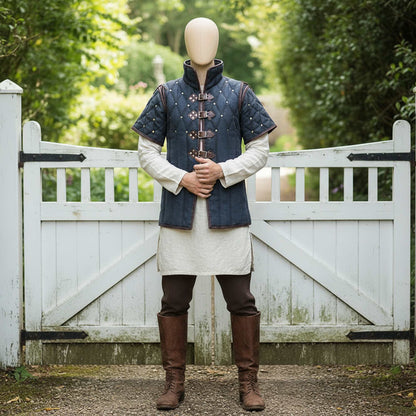 Quilted Gambeson with Brown Leather Trim: Renfaire Gabonese