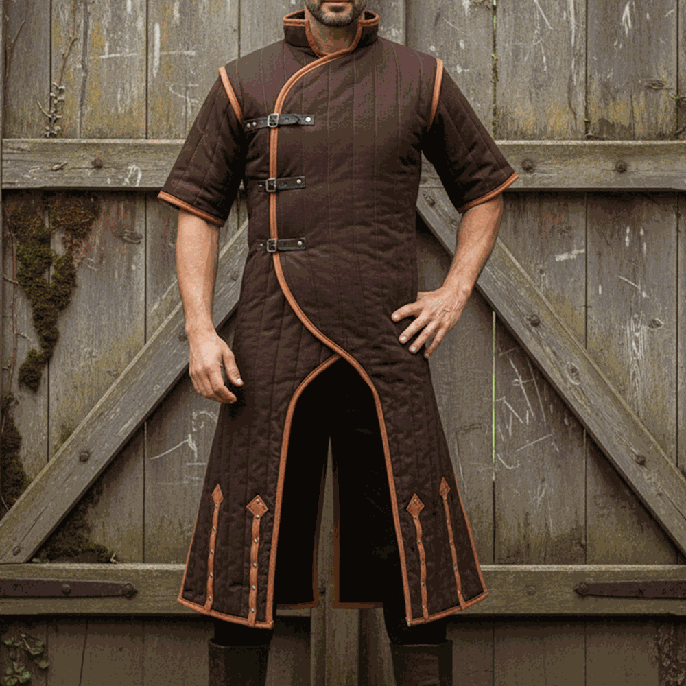 Medieval gambeson costume with brown leather trim for renfaire and Halloween LARP