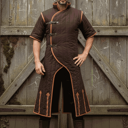 Medieval gambeson costume with brown leather trim for renfaire and Halloween LARP