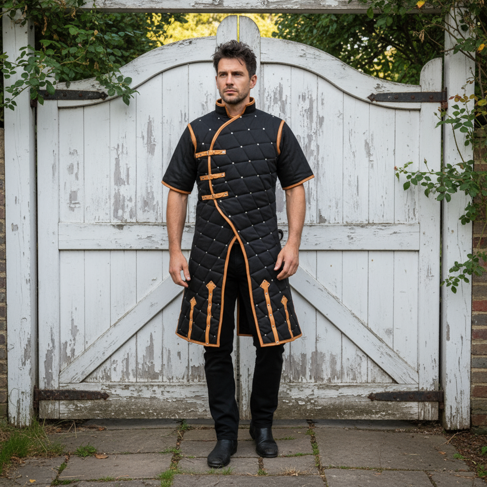 Medieval Gambeson With Brown Leather Trim: Ren faire  Costume