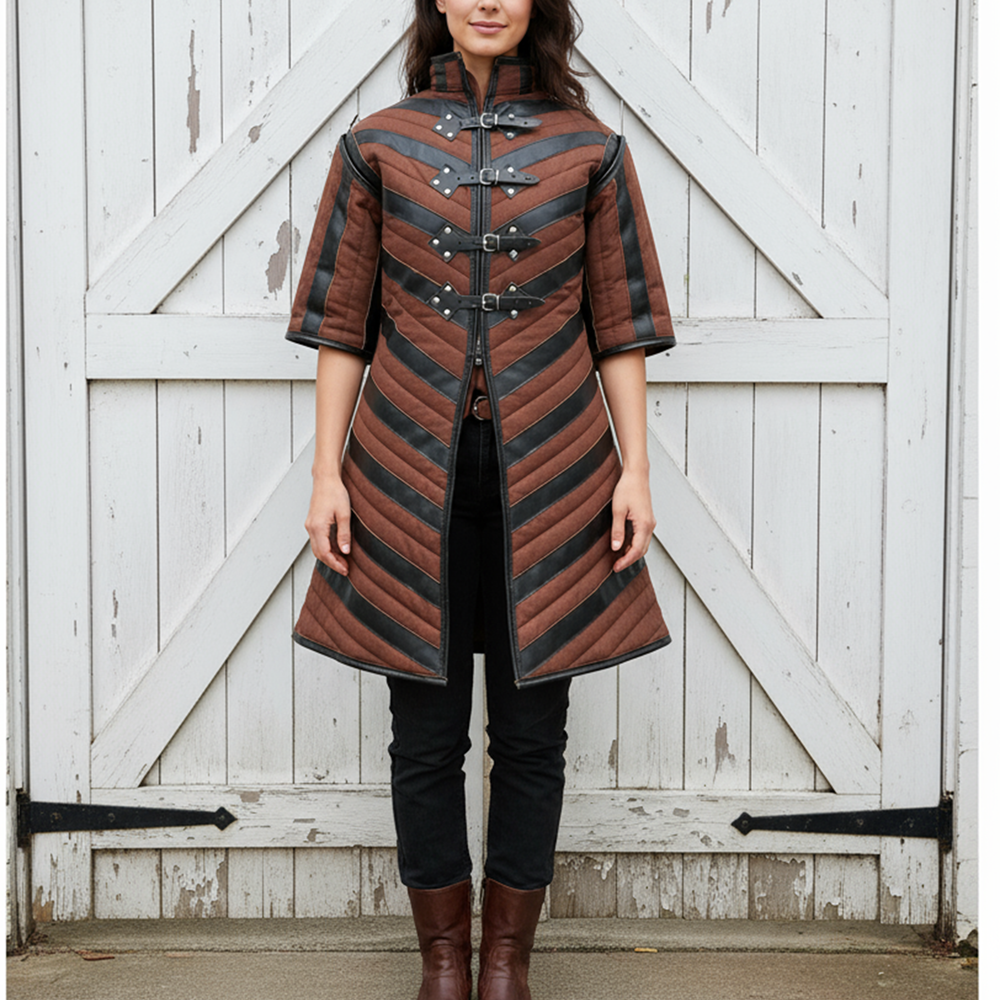 Quilted Armour Gambeson : Black Leather Trim, Ren Faire Costume