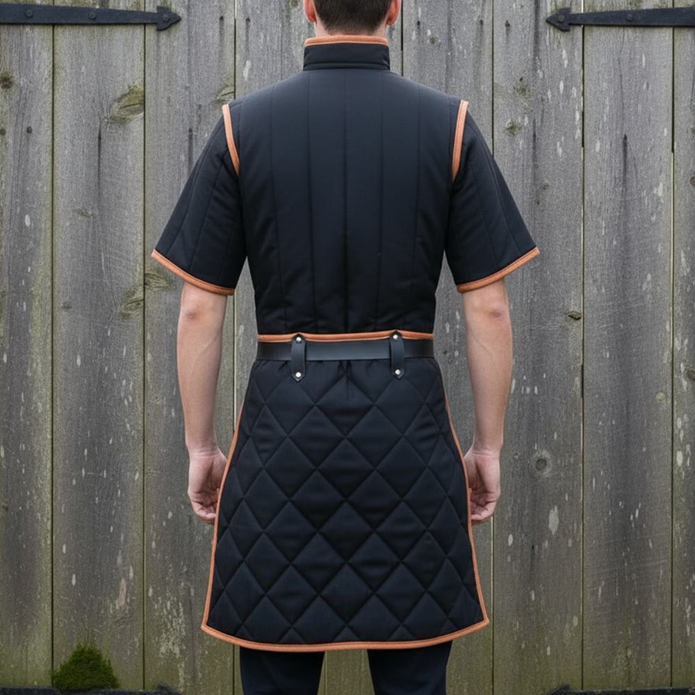 Medieval Padded Cotton Gambeson: Royal Blue with Tan Leather Trim, Renfaire Costume