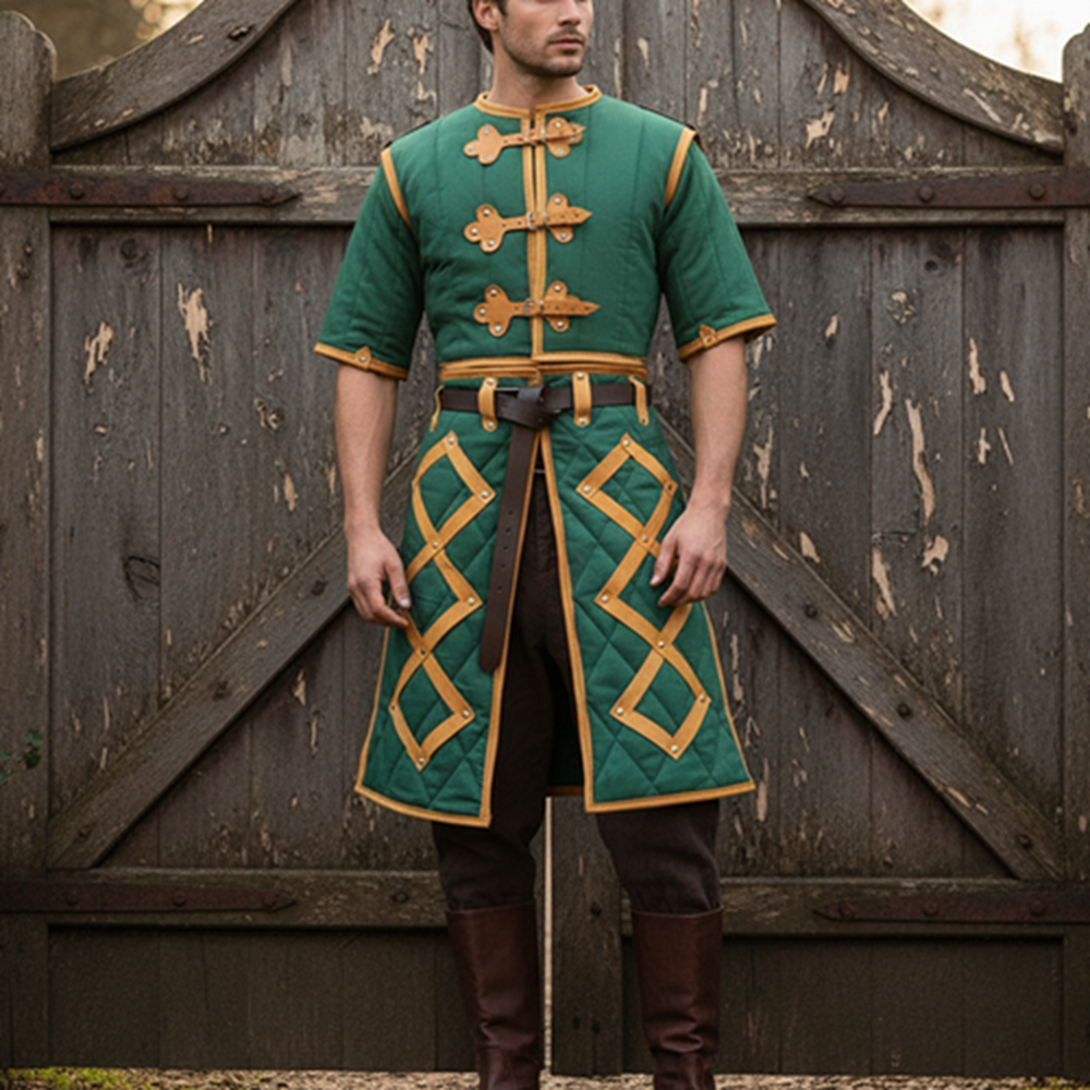Medieval Gambeson Costume : Brown Leather Trim, Ren faire Armour for event