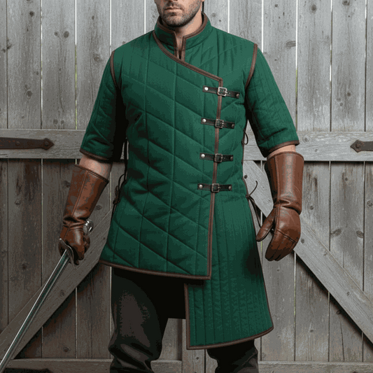 Royal blue Ren faire Armour Gambeson with brown trim Renaissance padded cotton costume