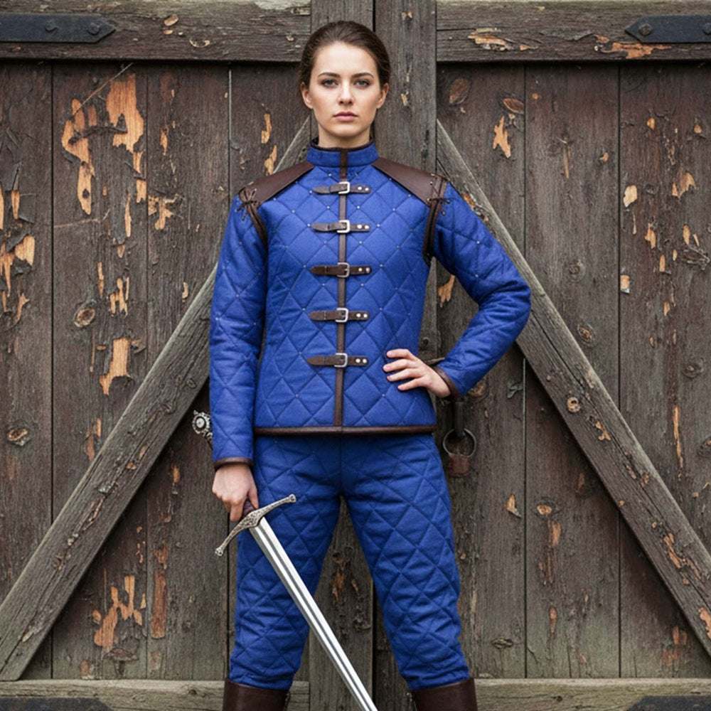 Female medieval gambeson with leather trim for LARP and ren faire costume