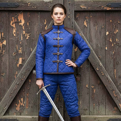 Female medieval gambeson with leather trim for LARP and ren faire costume