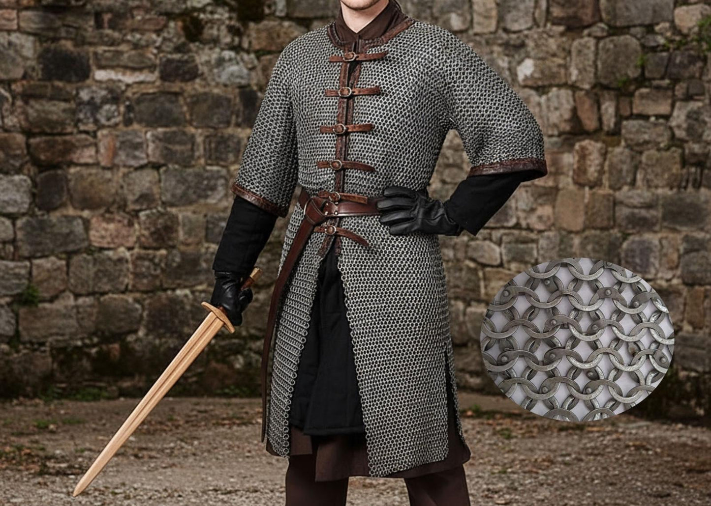 Chainmail Hauberk-9mm Flat Riveted With Washers Front Opening