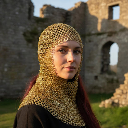 Ren Faire Brass Chainmail Coif – 9mm Flat Riveted with Washer