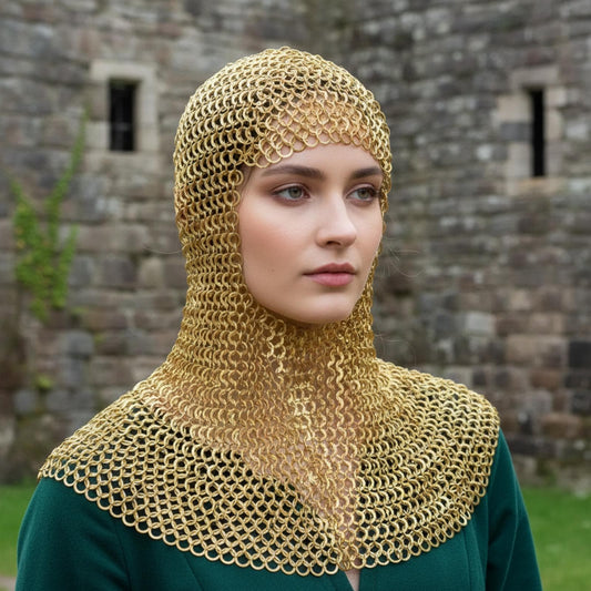 Ren Faire Brass Chainmail Coif – 9mm Flat Riveted with Washer
