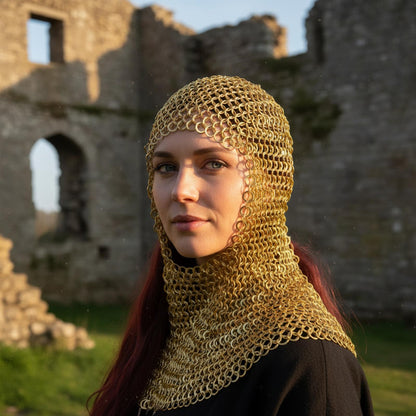 Ren Faire Brass Chainmail Coif – 9mm Flat Riveted with Washer